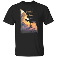 YVDragon Shop-Black Joshua Tree Rock Climbers T-shirt featuring a bold silhouette of a rock climber against a colorful sunset sky. Outdoor adventure graphic tee for hikers, climbers, and National Park lovers.